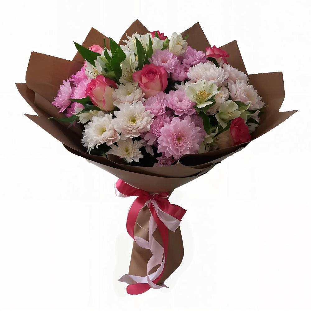 Букет Розовое очарование в Толбазы Букет цветов из: Хризантемы, Альстромерии и Розы в Толбазы