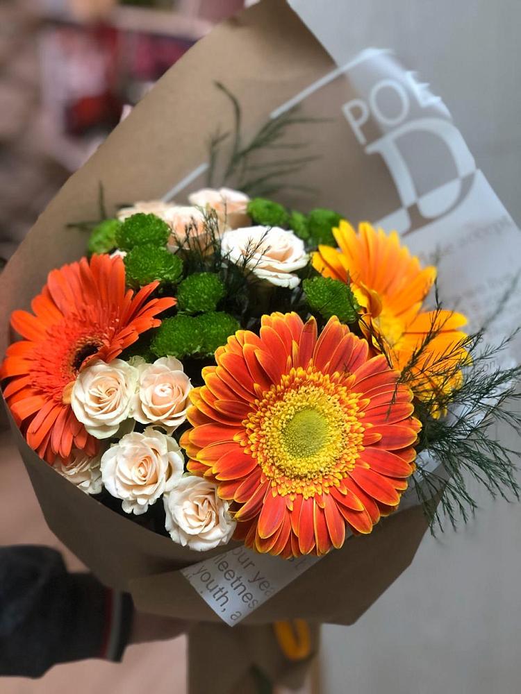 Букет желтый закат в Толбазы Букет цветов из: Герберы, Хризантемы и Розы в Толбазы